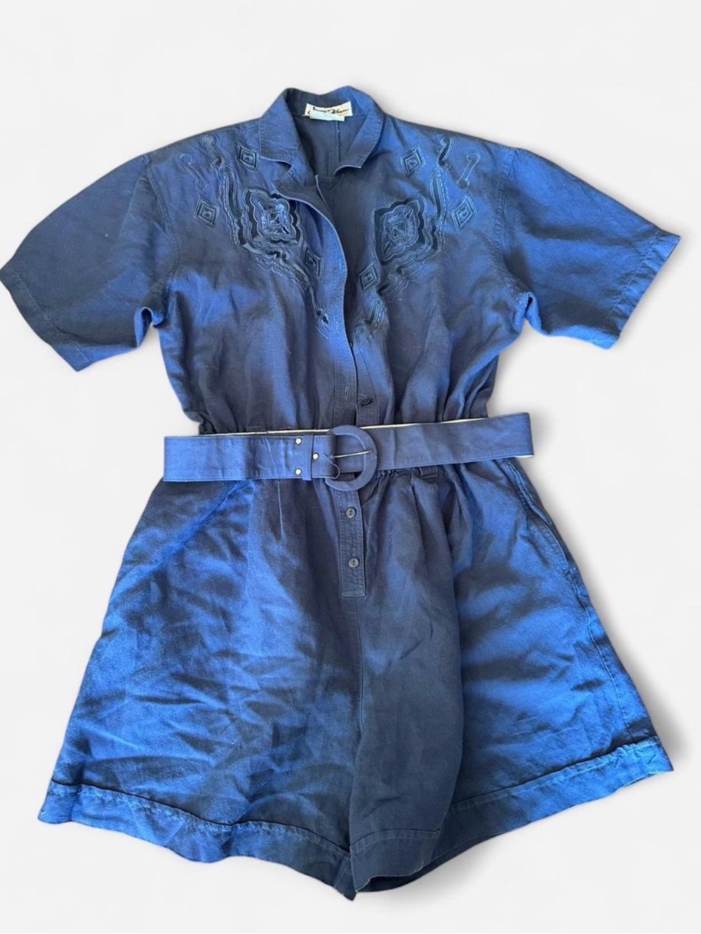 Vintage 80/90s Western Blue Short-Sleeve Linen Blend Romper Dress with Belt